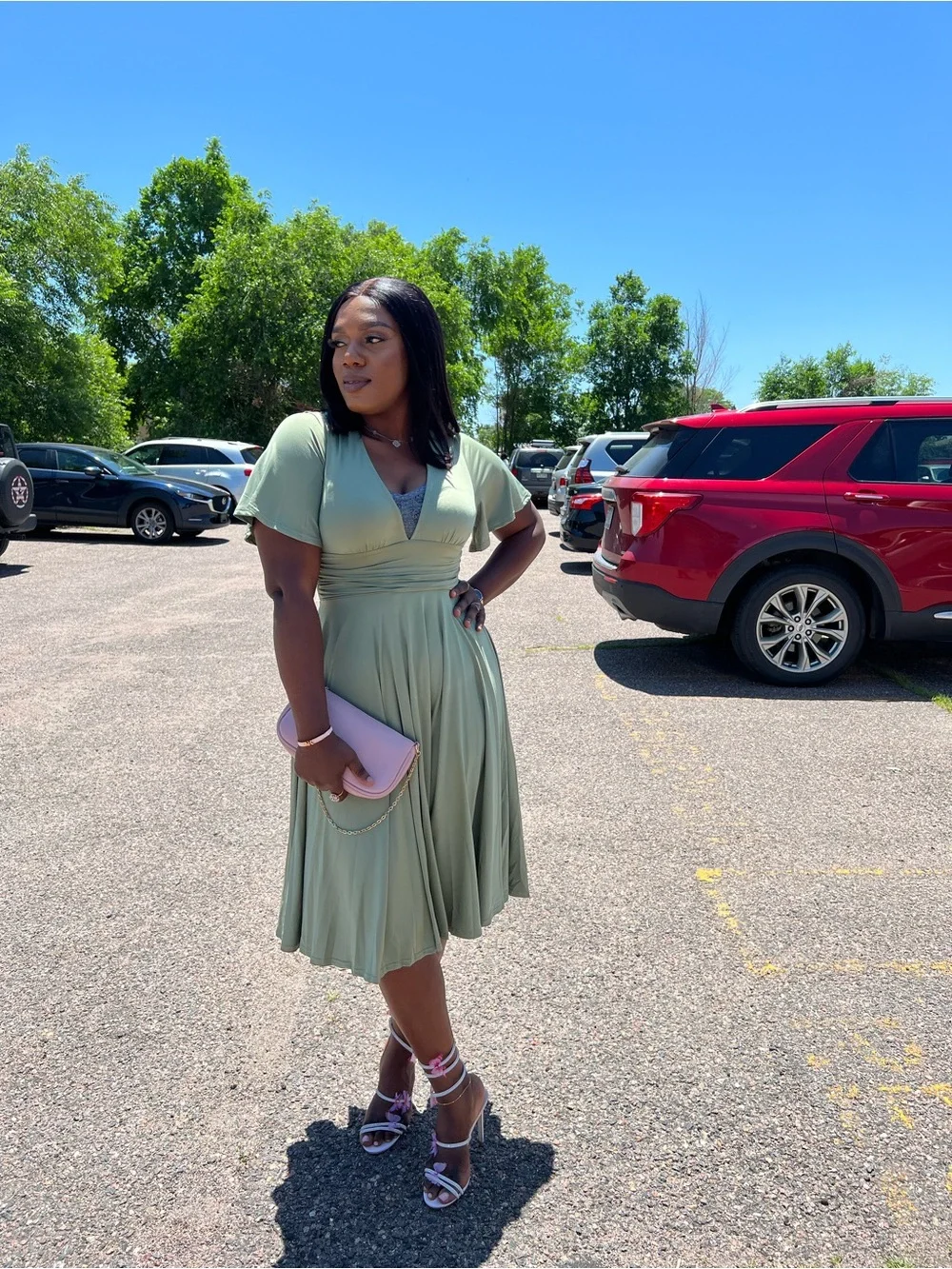Elegant Olive Green V-Neck Midi Dress